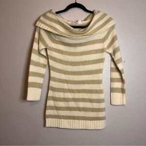 Y2K Bongo Junior's Fold-Over Cowl Neck Striped Tunic Sweater in cream & gold Sm
